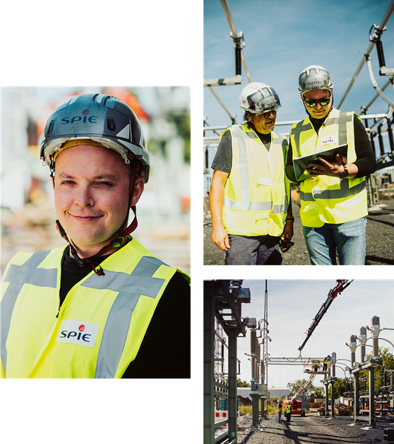 Bauleiter mit Schutzhelm und Warnweste auf Baustelle, der Abläufe mit einem Tablet koordiniert und Bauarbeiten überwacht