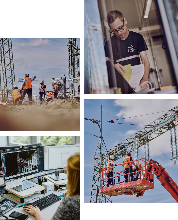 Eine Collage aus vier Bilder. Eine Baustelle mit fünf Personen, einem Kram mit zwei Personen darauf, eine Frau am Computer sowie einer Person die etwas in einem Ordner sucht